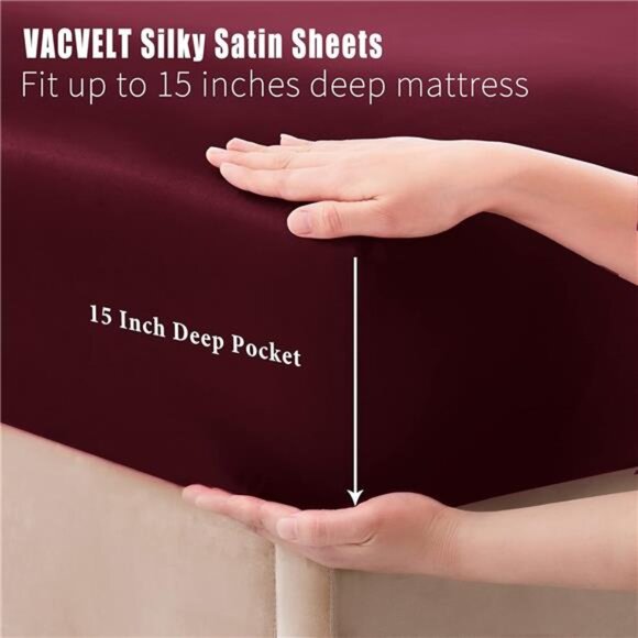 VACVELT 4pcs Burgundy Satin Sheets Queen Size Bed Set, 15 Inch Deep Pocket - Picture 4 of 8